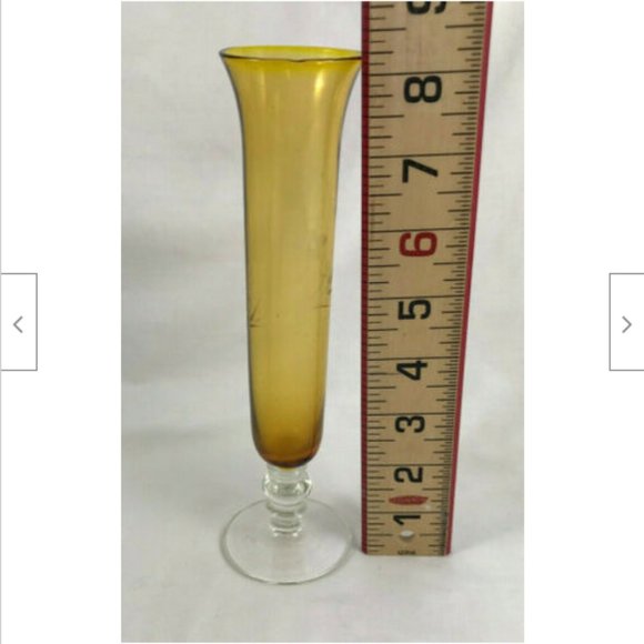 8" Etched Berry & Vine Amber Glass Flower Bud Vase with Clear Base - Picture 7 of 8